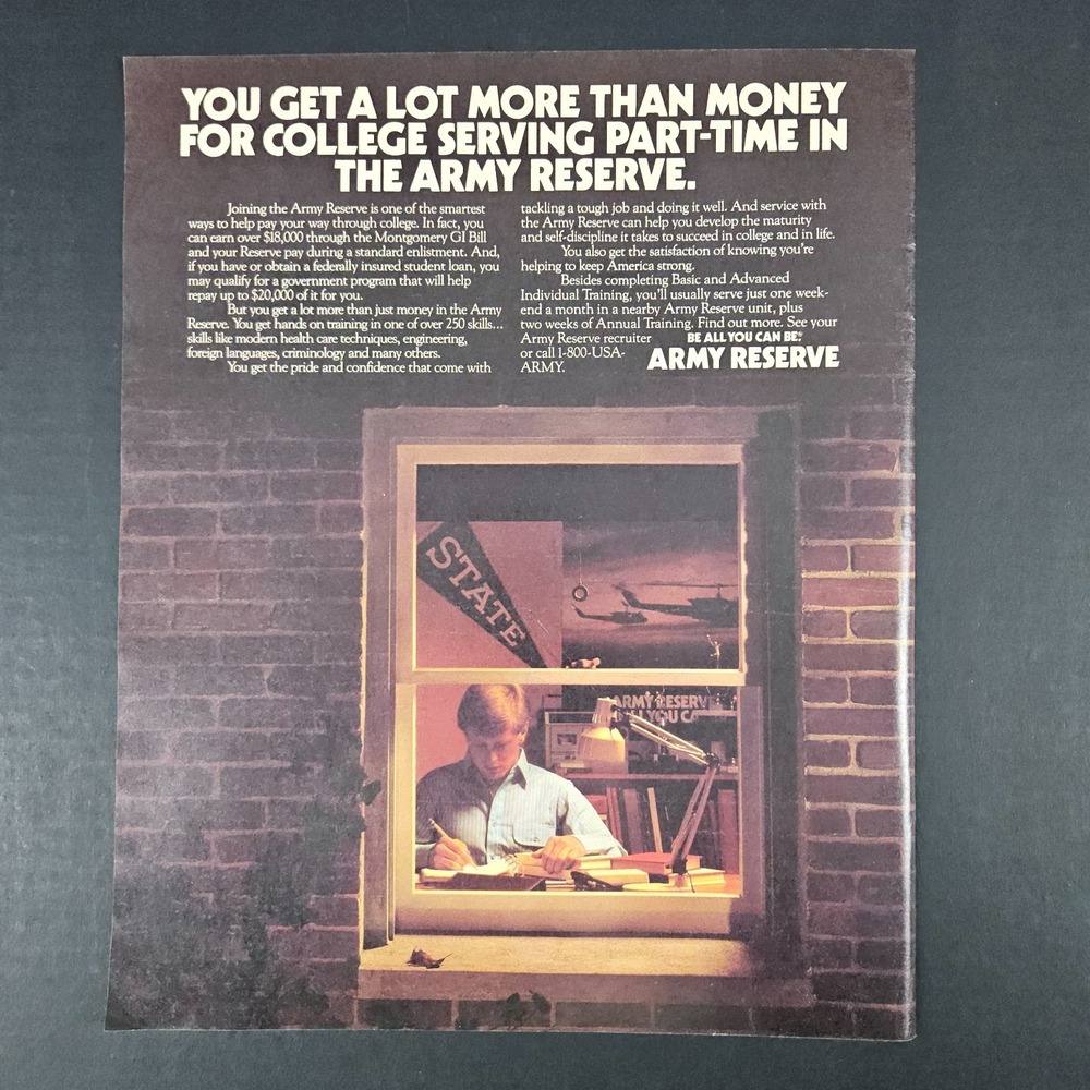 1989 US United States Army Reserve College GI Bill Vintage Print Ad Student Desk